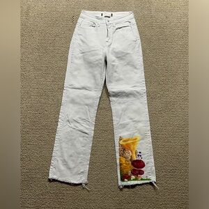 Hand painted White Jeans with Colorful Mushroom paintings women's stright pants